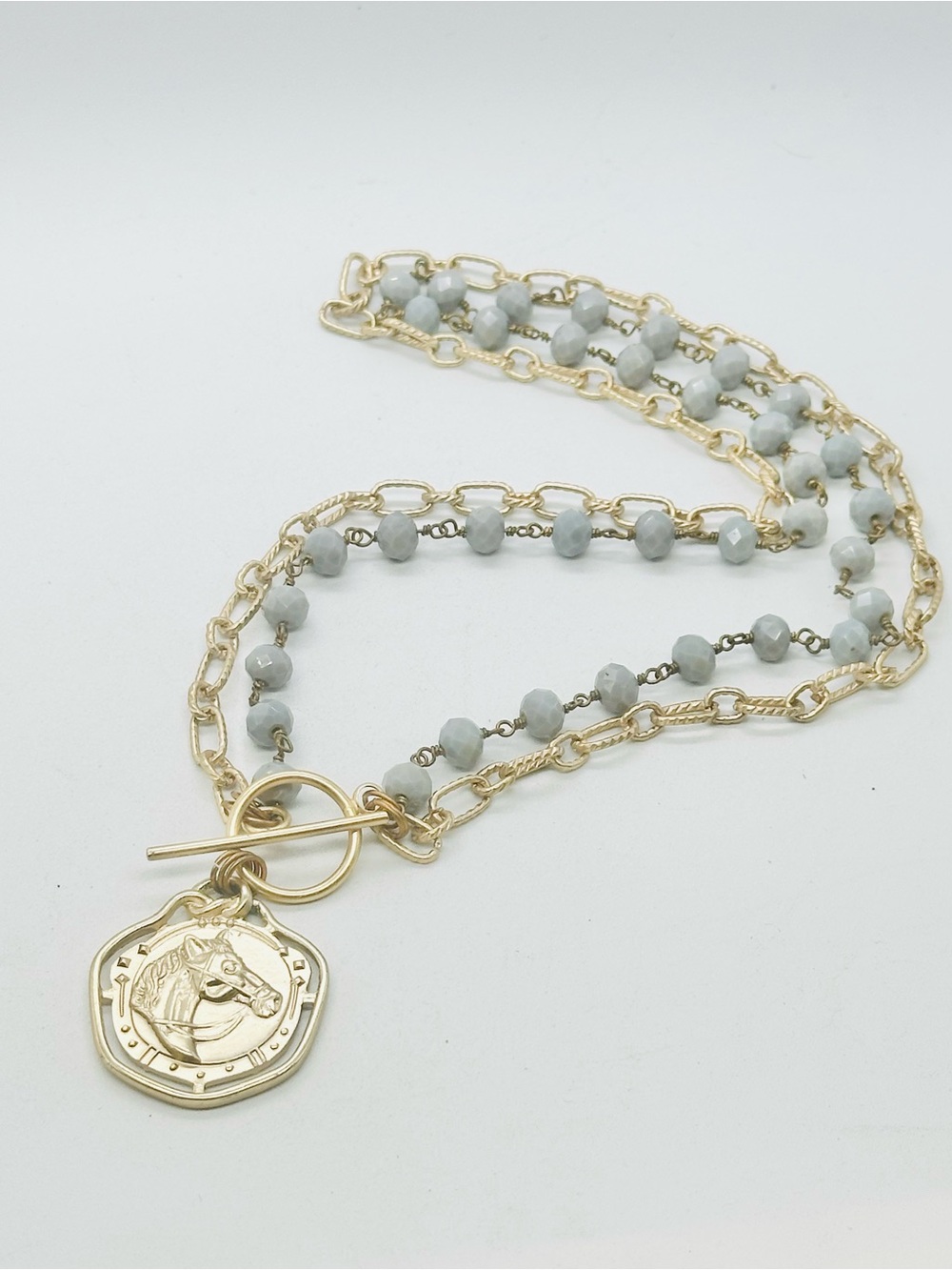Equestrian Medallion Coin Necklace Multi Strand Beaded Gold Tone Horse Toggle - Picture 2 of 6